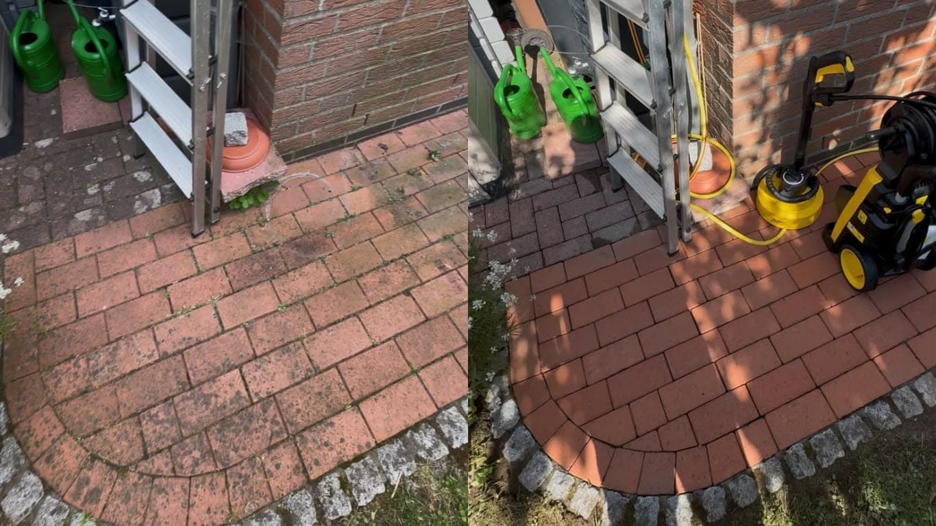 Pflaster mit Rundung, links vermoost und dunkel, rechts frisch gereinigt
