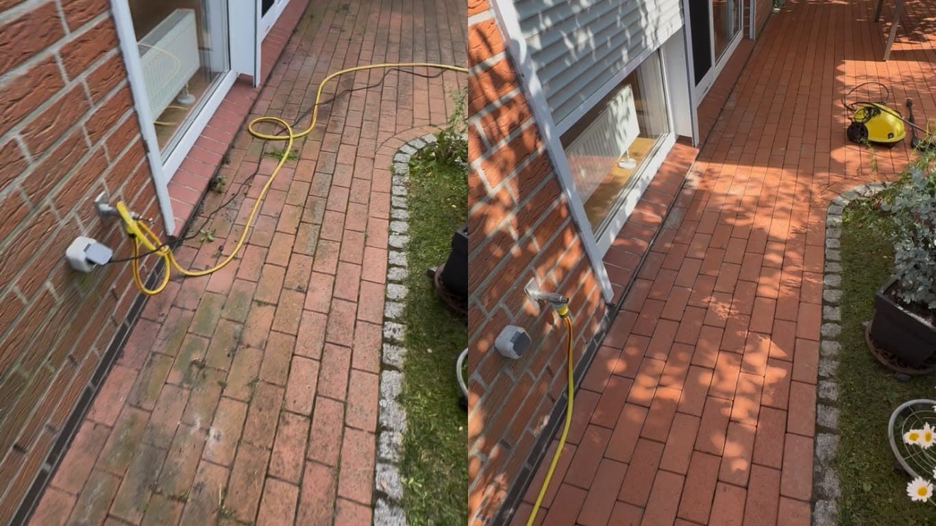 Klinkerweg an einer Hauswand, links grün verschmutzt, rechts gereinigt